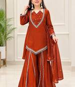 Rust silk blend readymade suit with miroor & moti work