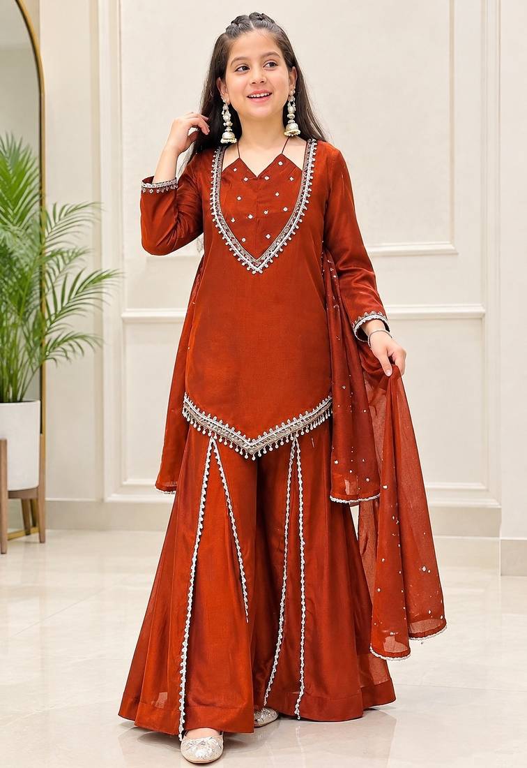 Rust silk blend readymade suit with miroor & moti work