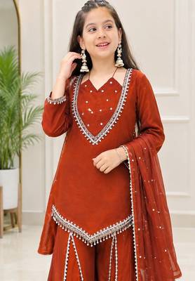 Rust silk blend readymade suit with miroor & moti work 2