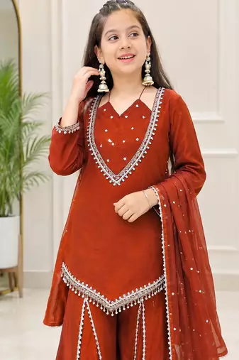 Rust silk blend readymade suit with miroor & moti work
