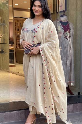 Women   s beige floral embroidered flared anarkali kurta with pant and cut-work scalloped dupatta set