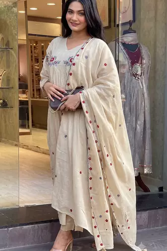 Women’s beige floral embroidered flared anarkali kurta with pant and cut-work scalloped dupatta set