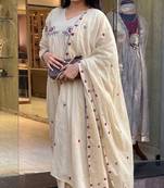 Women’s beige floral embroidered flared anarkali kurta with pant and cut-work scalloped dupatta set
