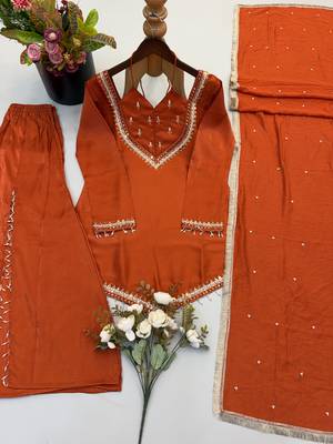 Rust silk blend readymade suit with miroor & moti work 3