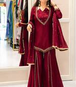 Maroon silk blend readymade suit with miroor & moti work