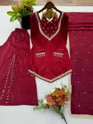 Maroon silk blend readymade suit with miroor & moti work 3