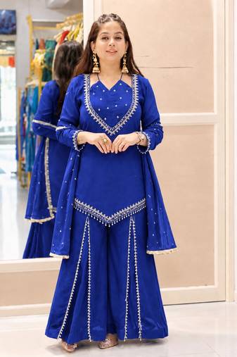 R blue silk blend readymade suit with miroor & moti work