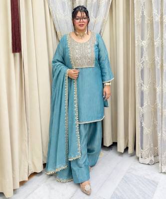 Teal silk blend readymade suit with embroidery & thread work 1