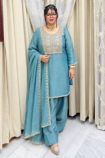 Teal silk blend readymade suit with embroidery & thread work
