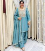 Teal silk blend readymade suit with embroidery & thread work