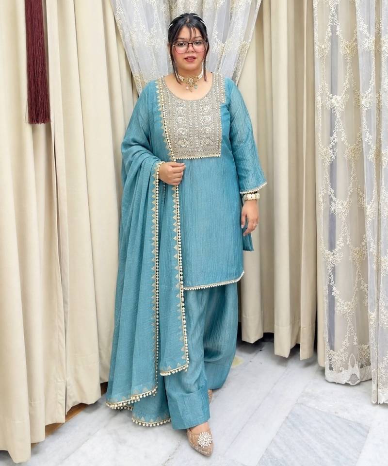 Teal silk blend readymade suit with embroidery & thread work