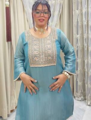 Teal silk blend readymade suit with embroidery & thread work 2