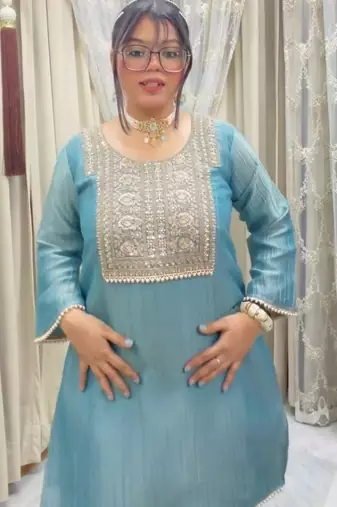Teal silk blend readymade suit with embroidery & thread work