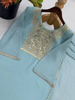 Teal silk blend readymade suit with embroidery & thread work 3