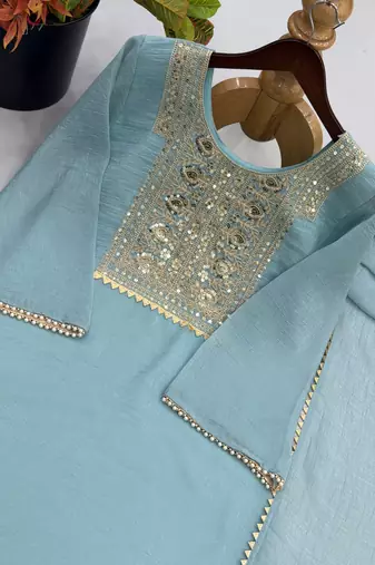 Teal silk blend readymade suit with embroidery & thread work