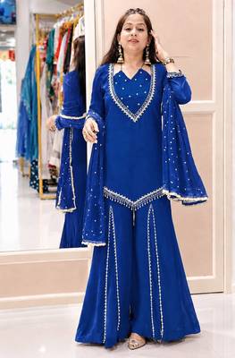 R blue silk blend readymade suit with miroor & moti work 2