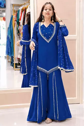 R blue silk blend readymade suit with miroor & moti work