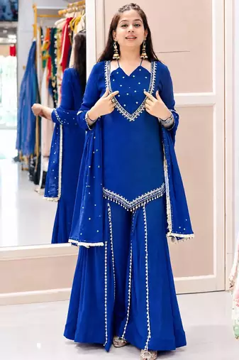 R blue silk blend readymade suit with miroor & moti work