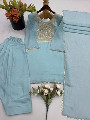 Teal silk blend readymade suit with embroidery & thread work 4