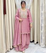 Pink silk blend readymade suit with embroidery & thread work