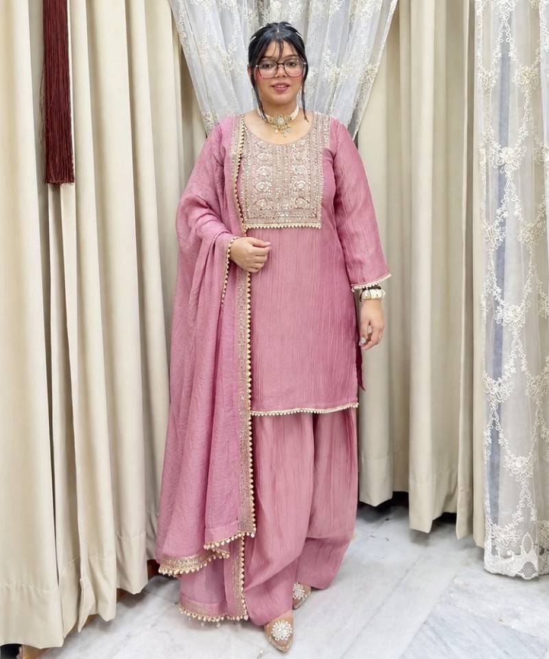 Pink silk blend readymade suit with embroidery & thread work