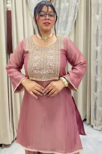 Pink silk blend readymade suit with embroidery & thread work