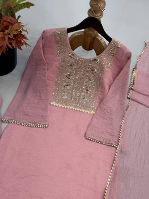 Pink silk blend readymade suit with embroidery & thread work 3