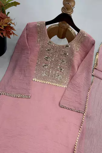 Pink silk blend readymade suit with embroidery & thread work