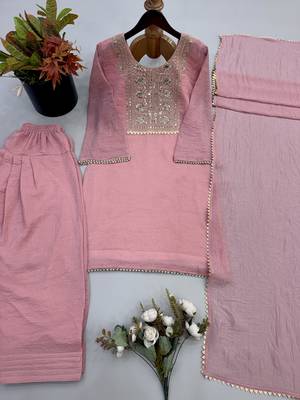 Pink silk blend readymade suit with embroidery & thread work 4
