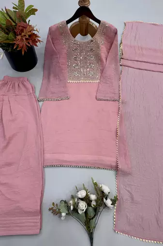 Pink silk blend readymade suit with embroidery & thread work