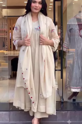 Women’s beige floral embroidered flared anarkali kurta with pant and cut-work scalloped dupatta set
