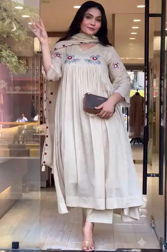 Women’s beige floral embroidered flared anarkali kurta with pant and cut-work scalloped dupatta set