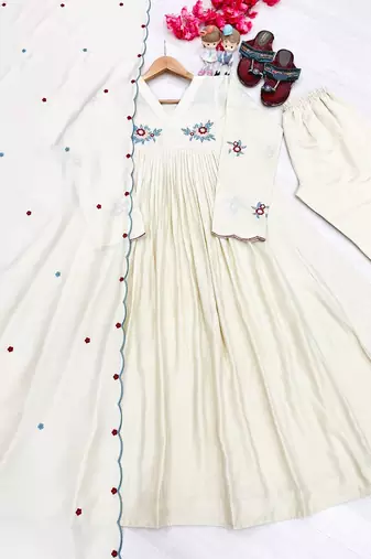 Women’s beige floral embroidered flared anarkali kurta with pant and cut-work scalloped dupatta set