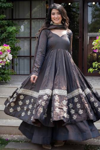 Charcoal grey embroidered silk anarkali kurta set with pant and dupatta for women