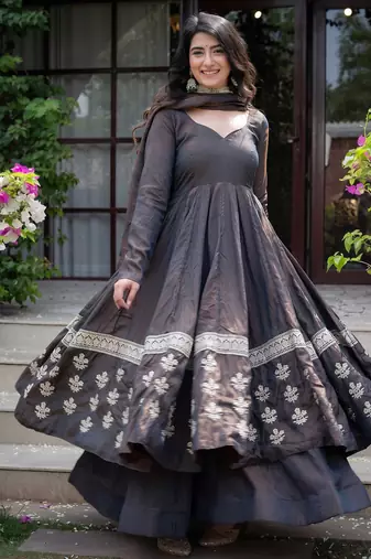 Charcoal grey embroidered silk anarkali kurta set with pant and dupatta for women