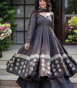 Charcoal grey embroidered silk anarkali kurta set with pant and dupatta for women