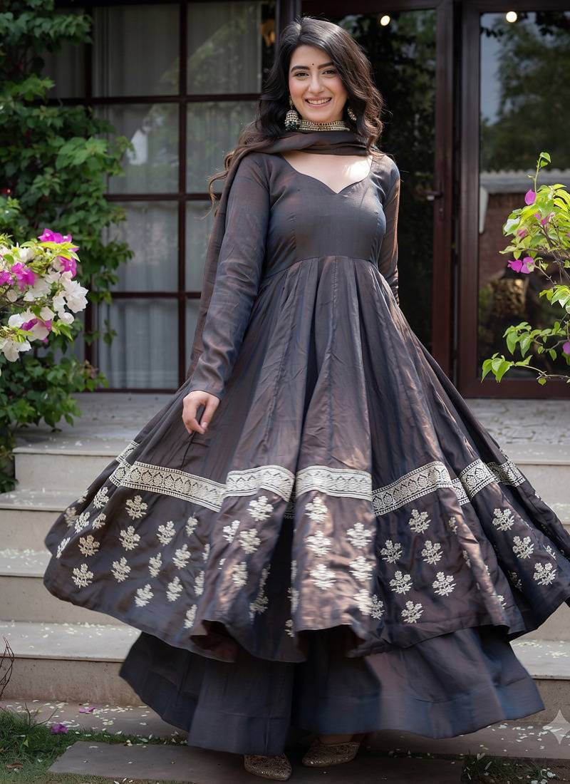 Charcoal grey embroidered silk anarkali kurta set with pant and dupatta for women