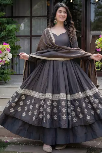 Charcoal grey embroidered silk anarkali kurta set with pant and dupatta for women