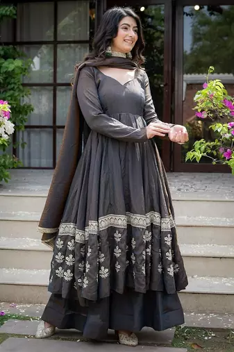 Charcoal grey embroidered silk anarkali kurta set with pant and dupatta for women