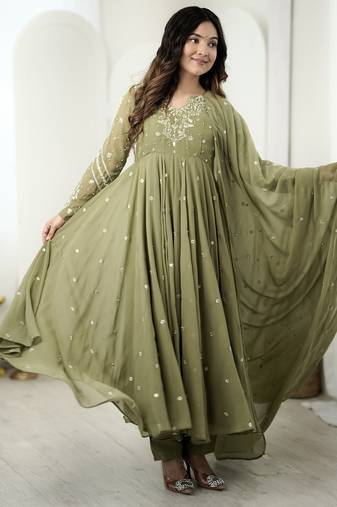 Mehendi georgette readymade anarkali suit with embroidery & sequence work