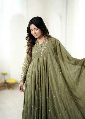 Mehendi georgette readymade anarkali suit with embroidery & sequence work 2