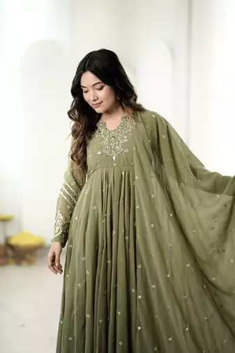 Mehendi georgette readymade anarkali suit with embroidery & sequence work