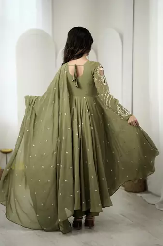Mehendi georgette readymade anarkali suit with embroidery & sequence work