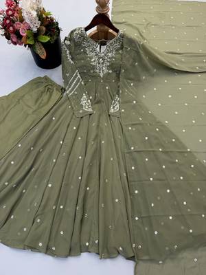 Mehendi georgette readymade anarkali suit with embroidery & sequence work 4
