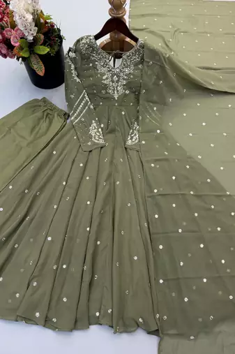 Mehendi georgette readymade anarkali suit with embroidery & sequence work