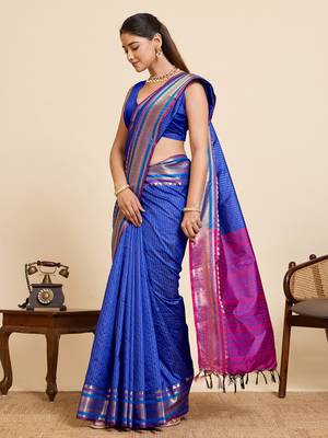 blue zari work silk blend saree with blouse 1