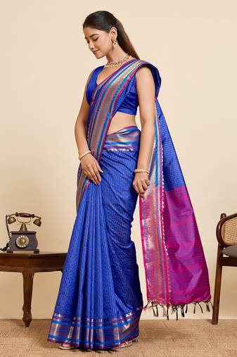 blue zari work silk blend saree with blouse