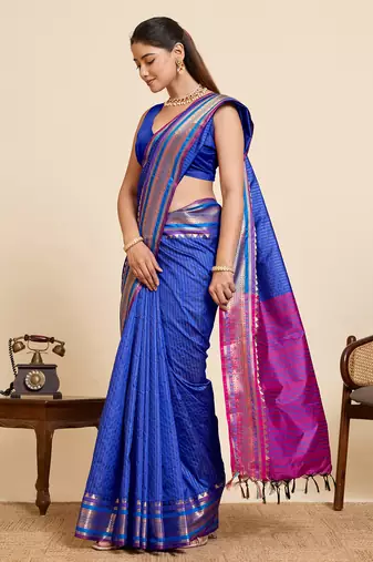blue zari work silk blend saree with blouse