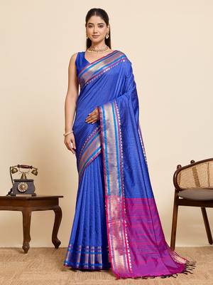 blue zari work silk blend saree with blouse 2