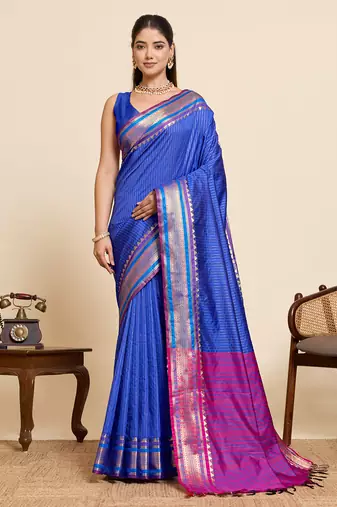 blue zari work silk blend saree with blouse